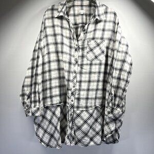 J Jill Women's Tunic Top 2X Black White Plaid Mixed Prints Long Sleeve Button